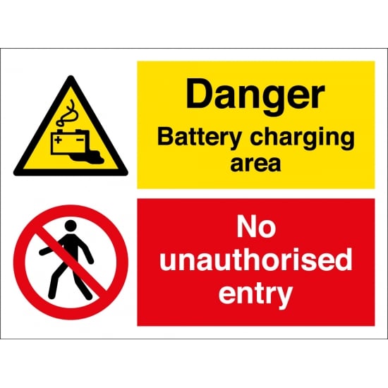 Battery Charging Area No Unauthorised Entry Signs