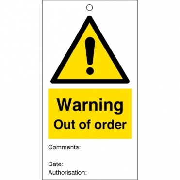 Warning Out Of Order Safety Tags 80mm x 150mm Pack of 10